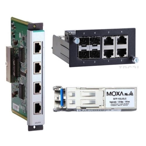 Industrial network communication modules including Ethernet interface cards, multi-port network interface modules, and fiber optic transceivers used for expanding connectivity in industrial networking and automation systems.